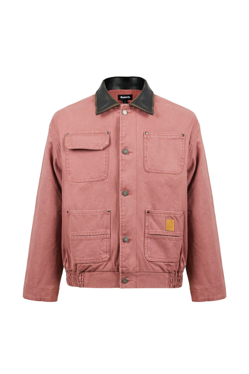 Leather Collar Workwear Jacket — Salmon front