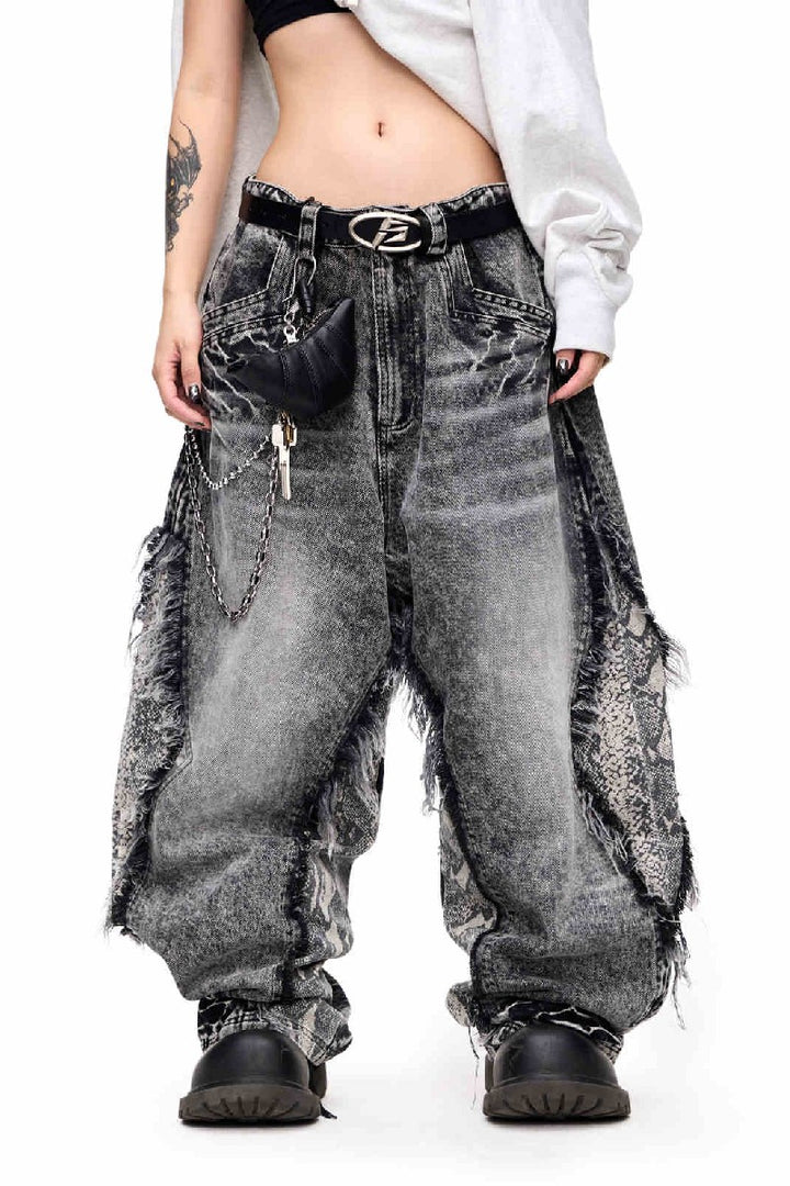 Frayed Snakeskin Patchwork Jeans