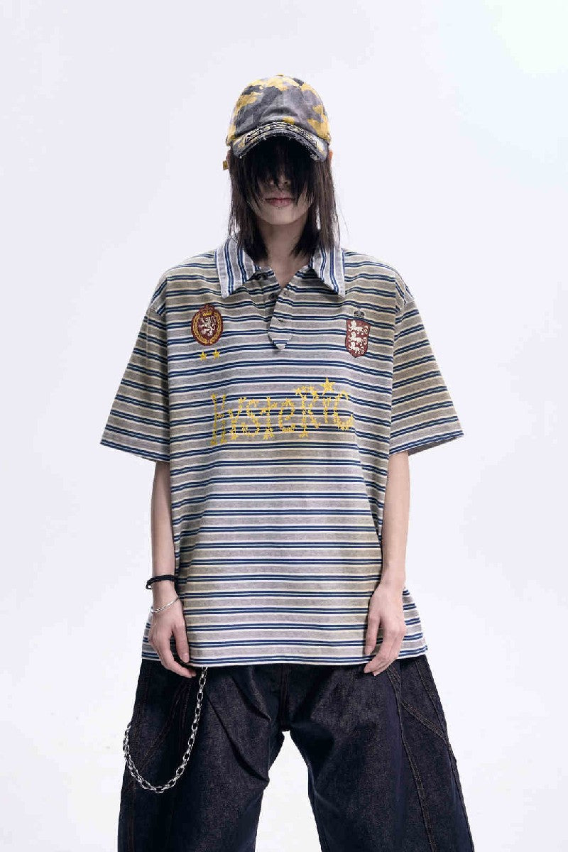 Distressed Stripe Button Polo Tee
