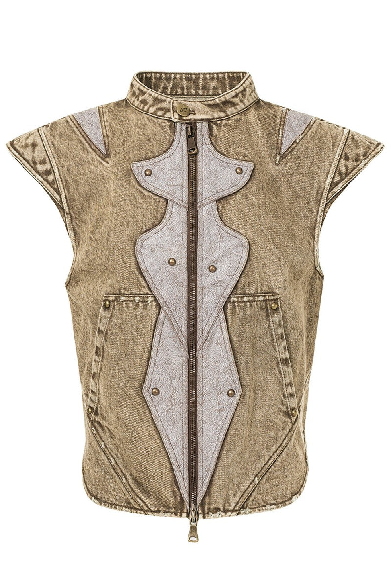 Leather Patch Denim Vest