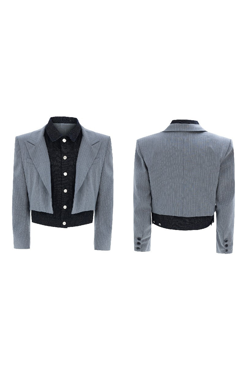 Striped Denim Panel Suit Jacket