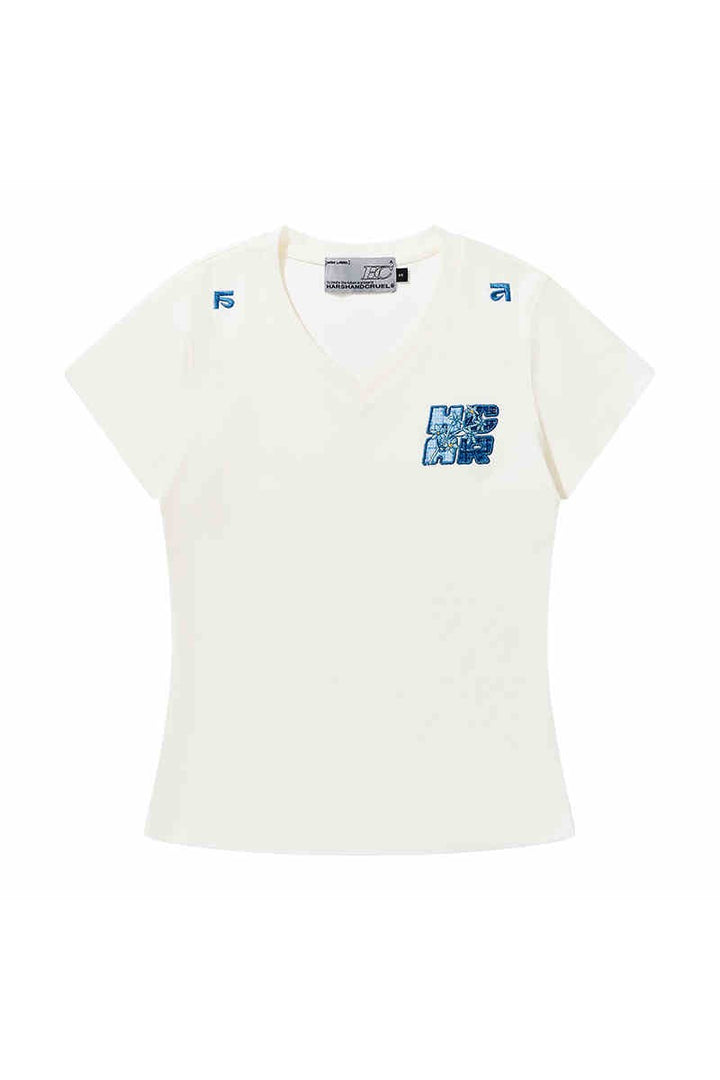Plaid V-Neck Patch Slim Tee