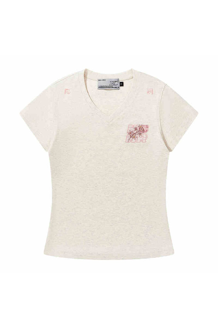 Plaid V-Neck Patch Slim Tee