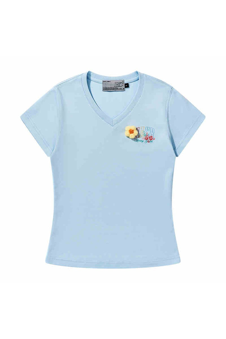 3D Yarn Flower V-Neck Tee