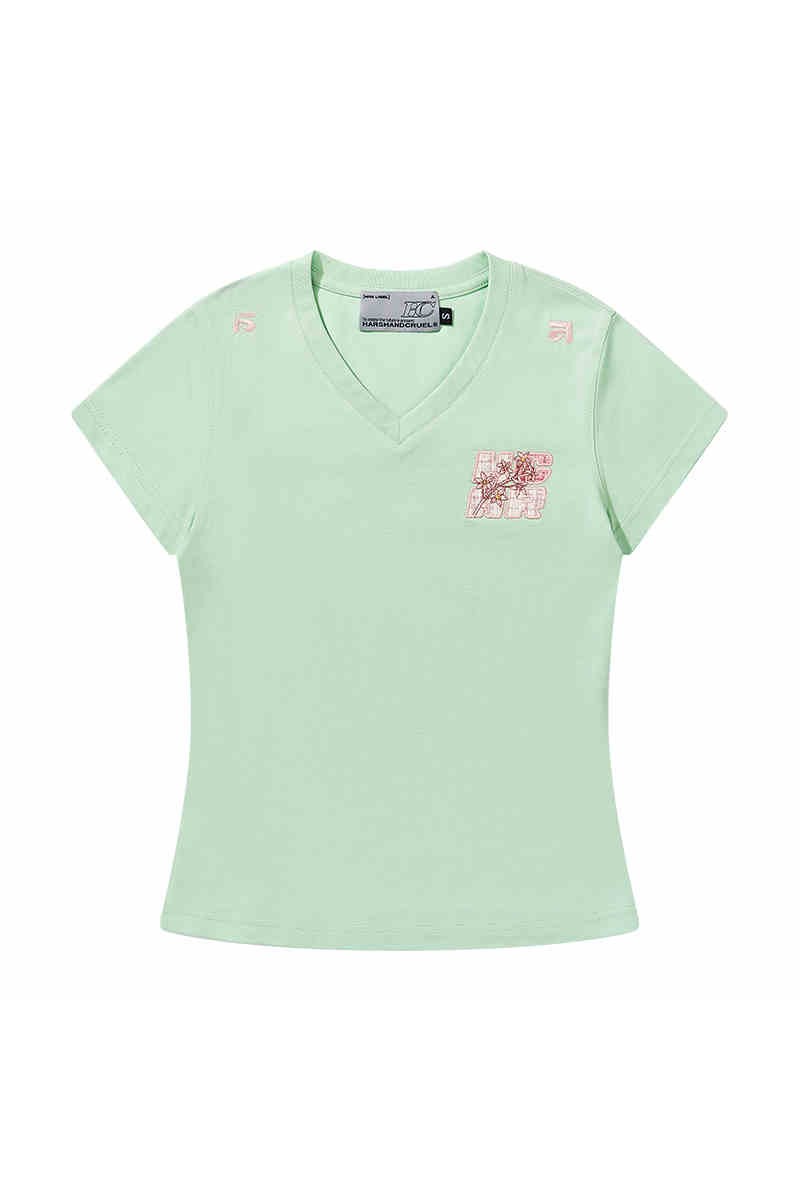 Plaid V-Neck Patch Slim Tee