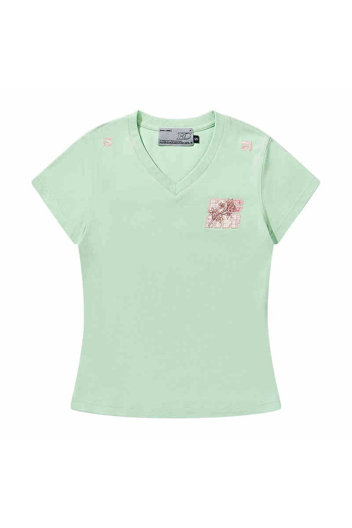 Plaid V-Neck Patch Slim Tee