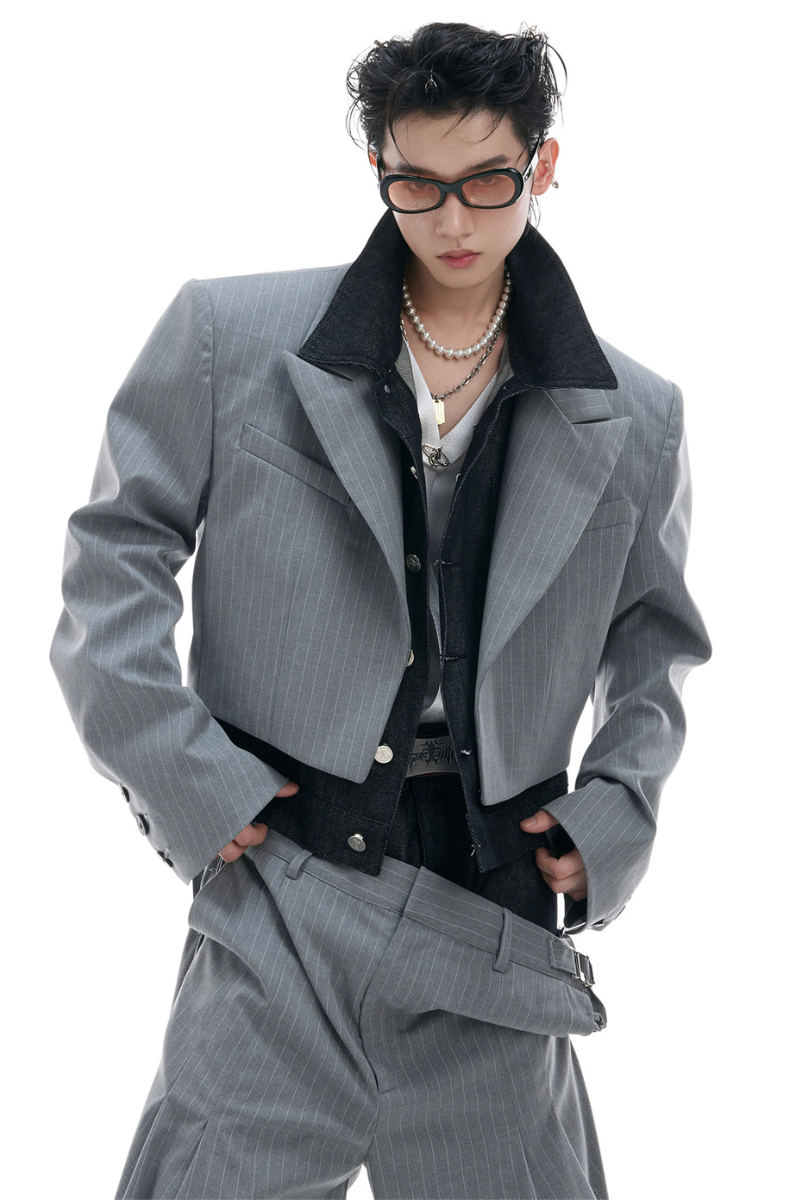 Striped Denim Panel Suit Jacket