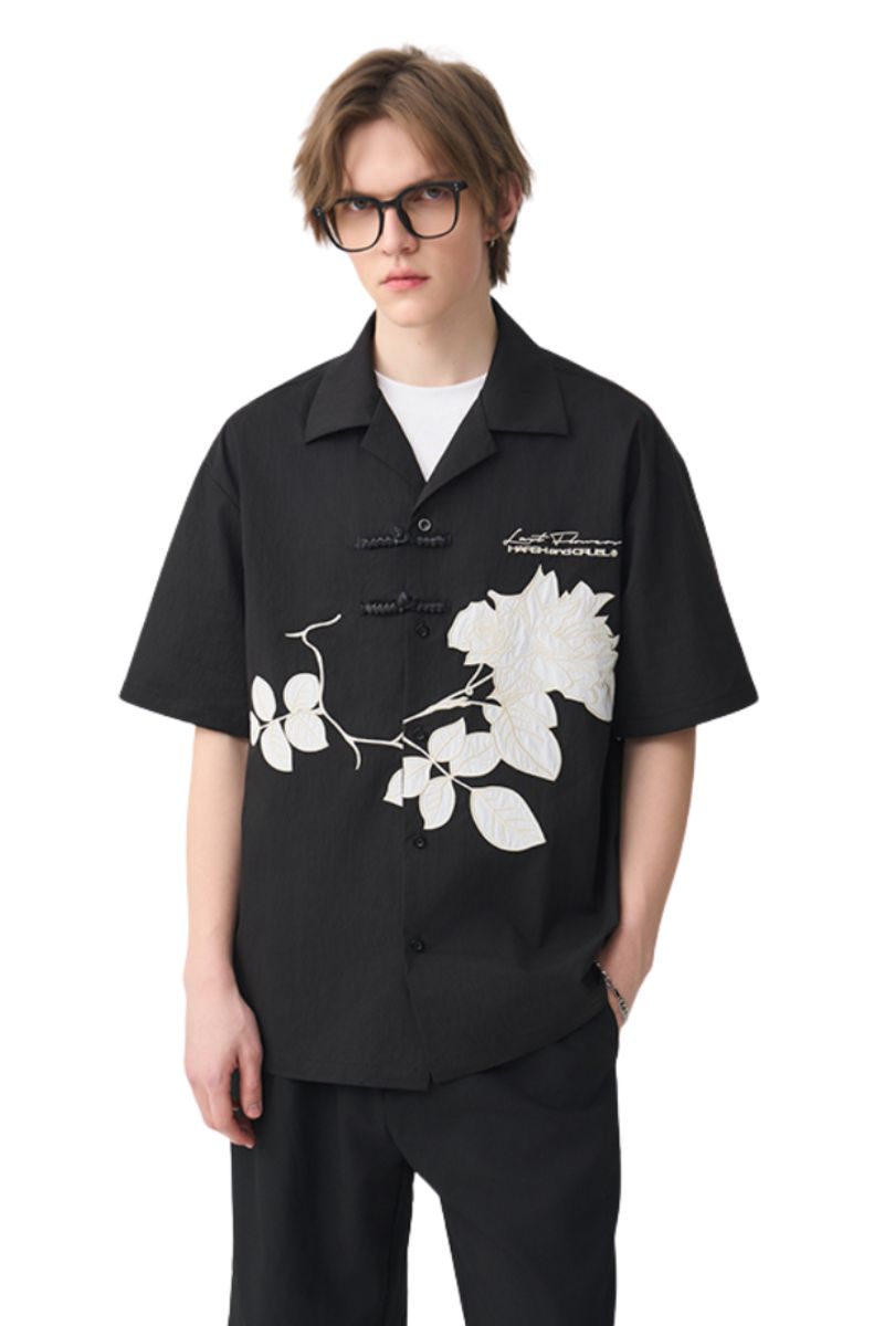 Rose Patches Embroidered Cuban Shirt