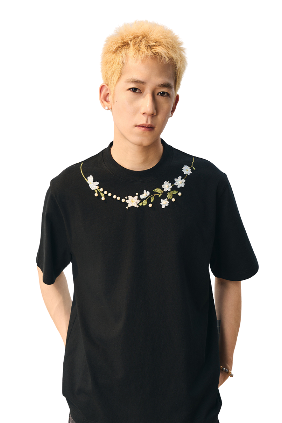 Floral Collar Pearl Embroidered Tee