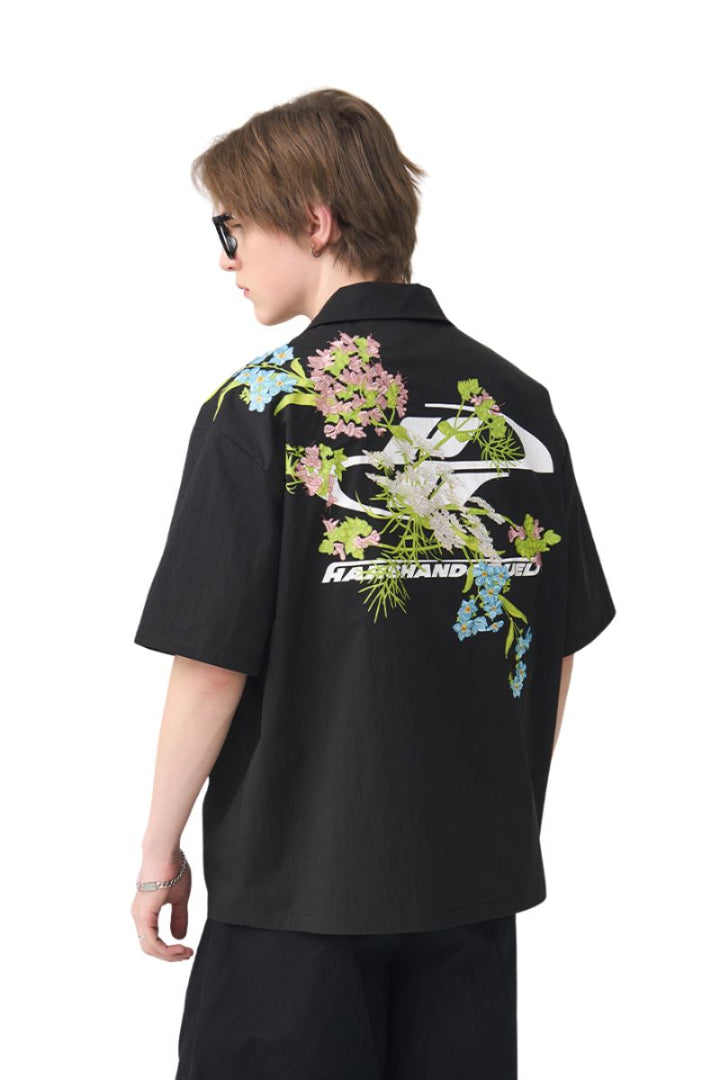 Floral Embroidery Knots Cuban Shirt