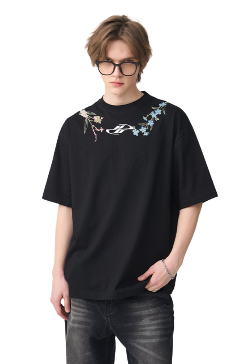 Floral Collar Embroidery Tee