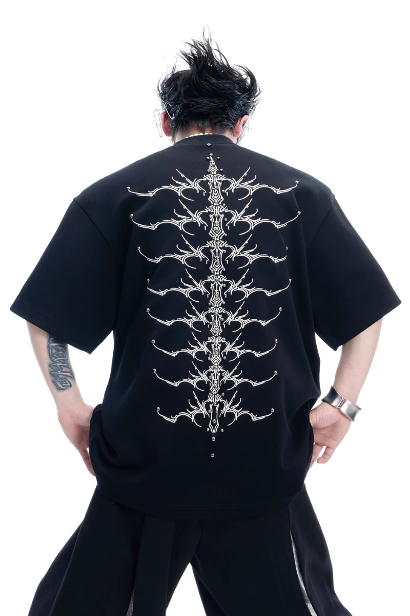 Studded Embroidered Spine Cotton Tee