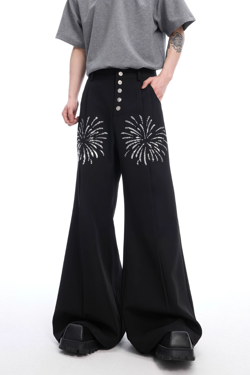 Sequin Flame Metal Button Flare Pants