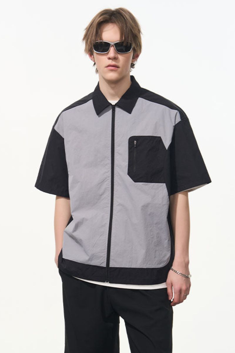 Contrast Stitching Deconstructed Zipper Shirt