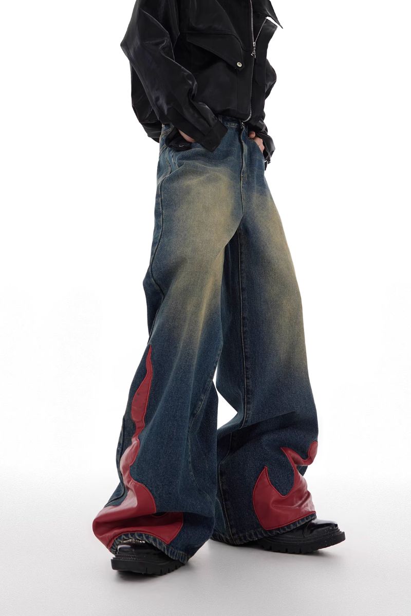 PU Leather Flame Loose Jeans