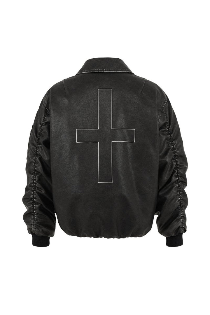 Cross Embroidered Down Leather Jacket