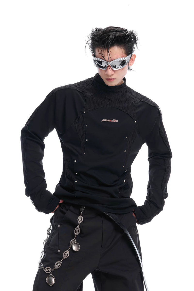 Deconstructed Mesh Panel Studded Turtleneck Tee