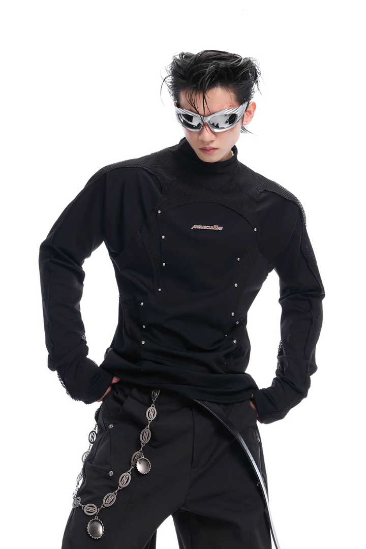 Deconstructed Mesh Panel Studded Turtleneck Tee