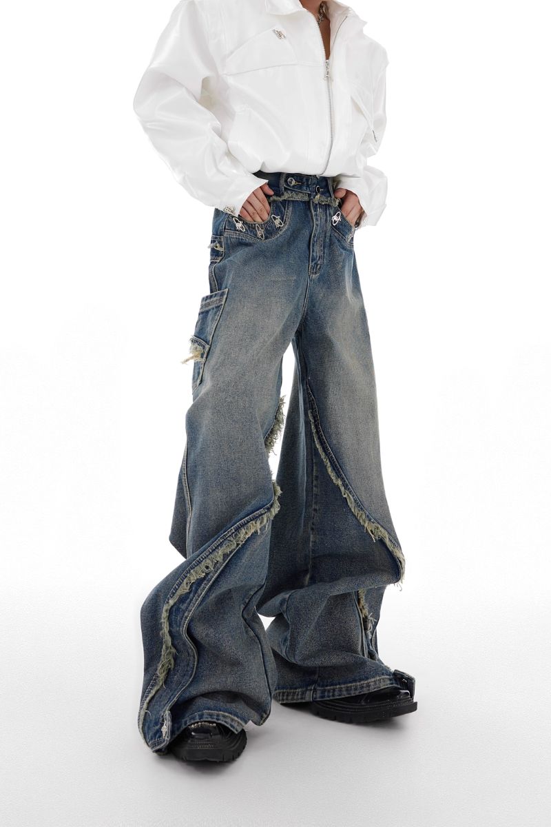 Washed Distressed Flared Jeans