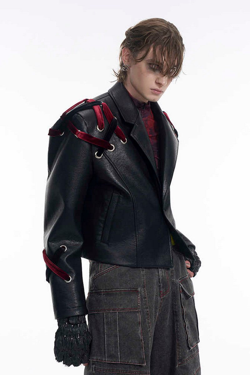 Cropped Padded Shoulder Leather Jacket
