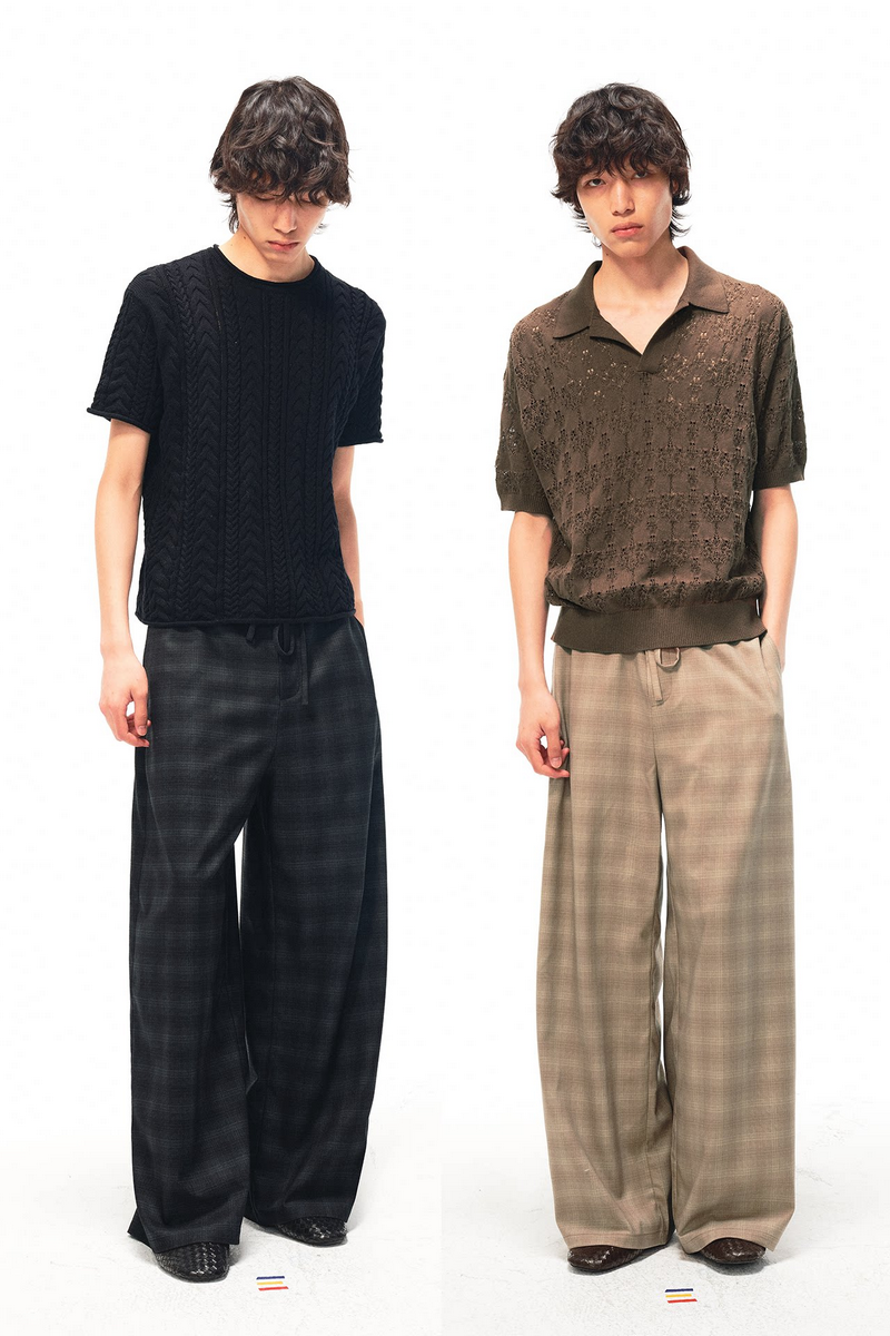 Drawstring Plaid Straight Trousers