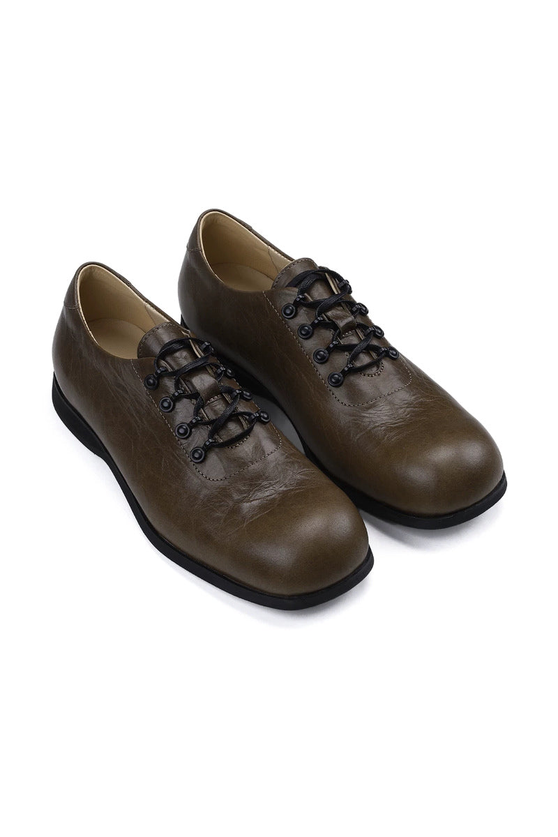 Antique Finish Leather Derby Shoes - Brown - three-quarter pair view
