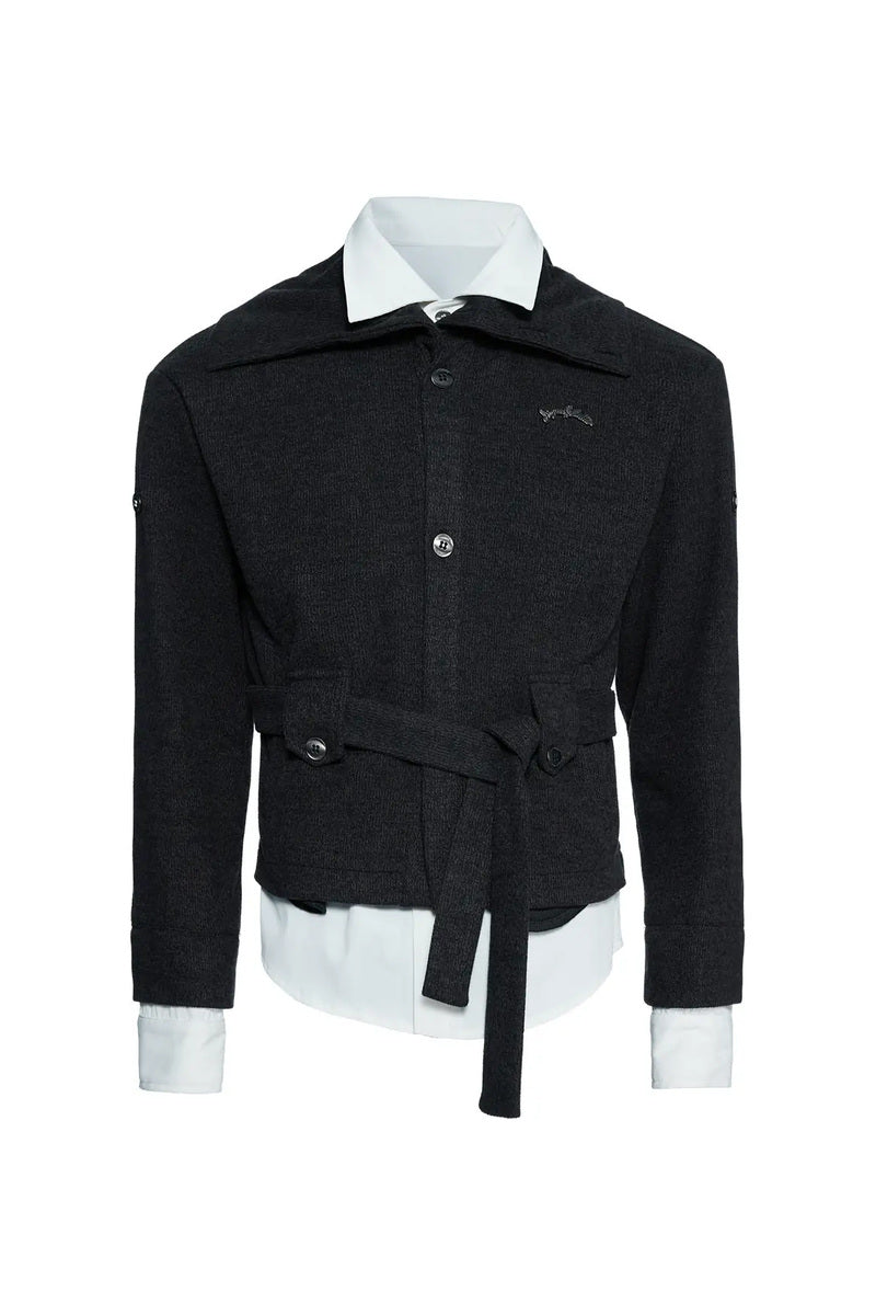 Belted Layered Knit Cardigan - Black
