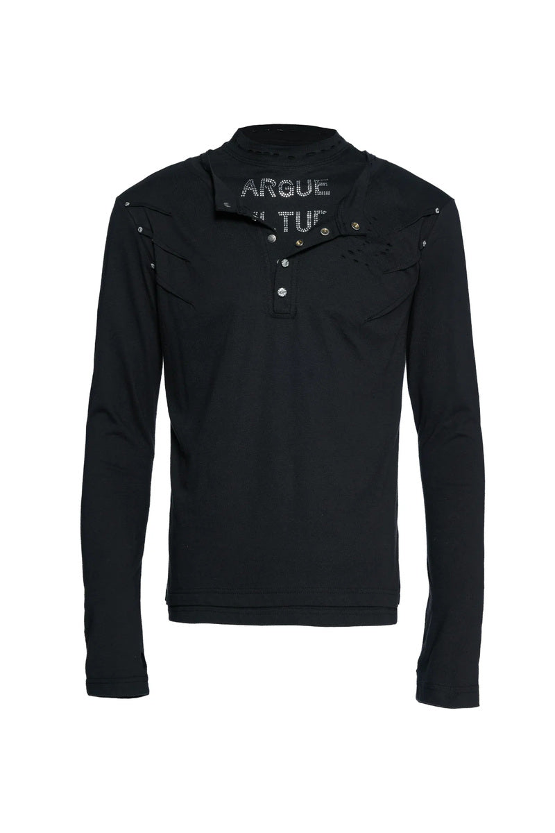 Distressed Rhinestone Layered Henley - Black
