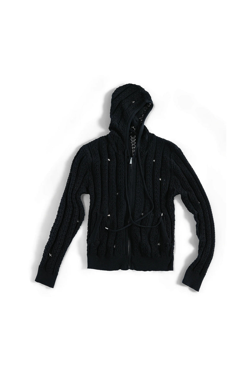 Star Studded Openwork Knit Hoodie - Black