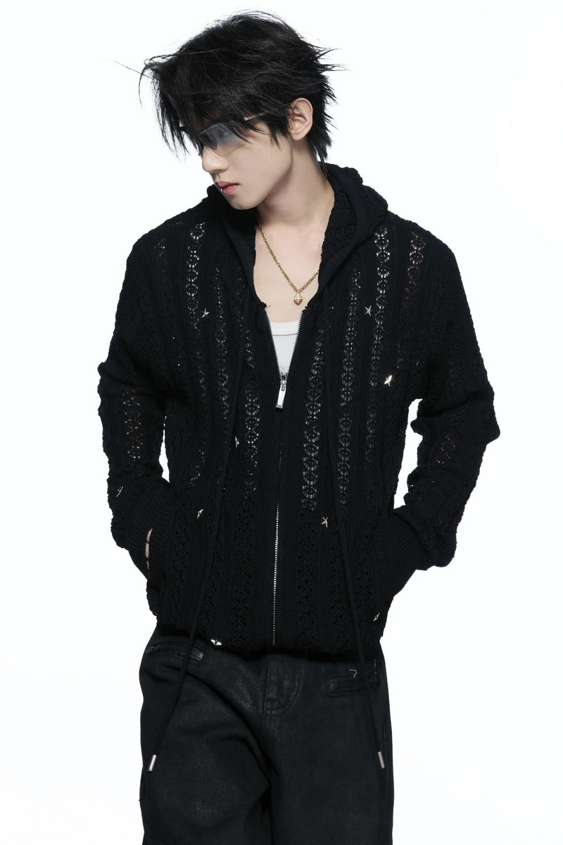 Star Studded Openwork Knit Hoodie