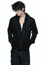 Star Studded Openwork Knit Hoodie