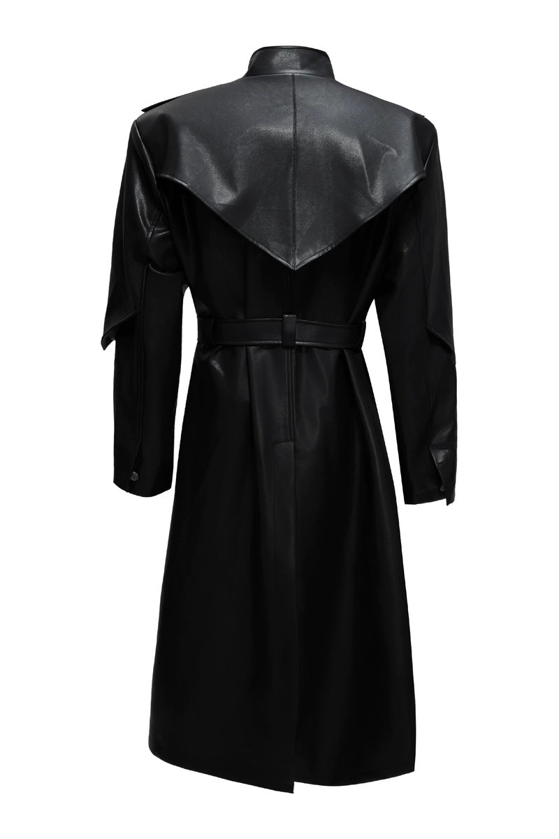 Coin Button Faux Leather Coat, black back