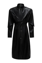 Coin Button Faux Leather Coat, black front