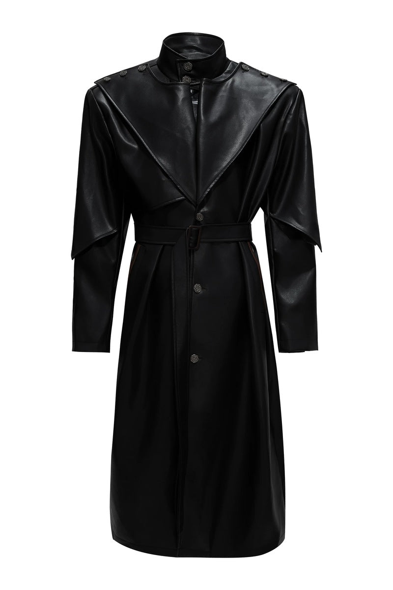 Coin Button Faux Leather Coat, black front