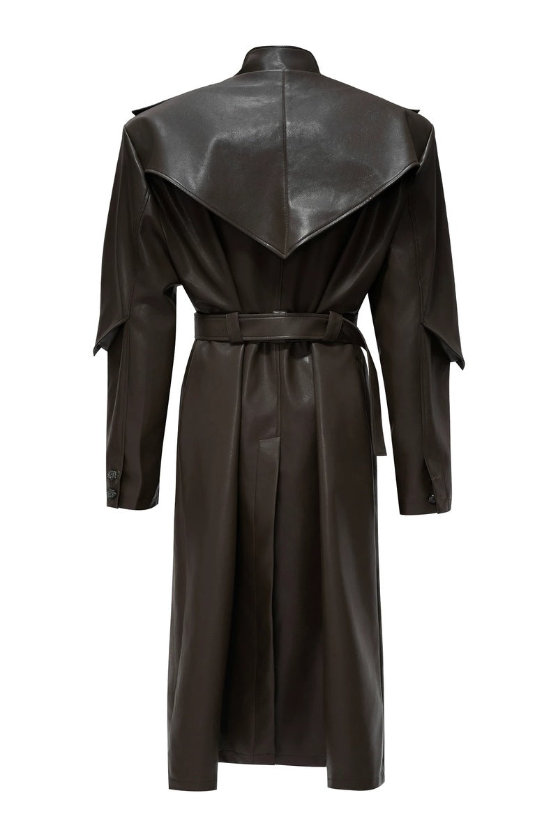 Coin Button Faux Leather Coat, brown back