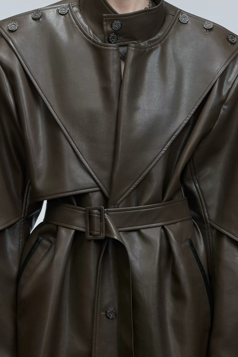 Coin Button Faux Leather Coat, brown detail