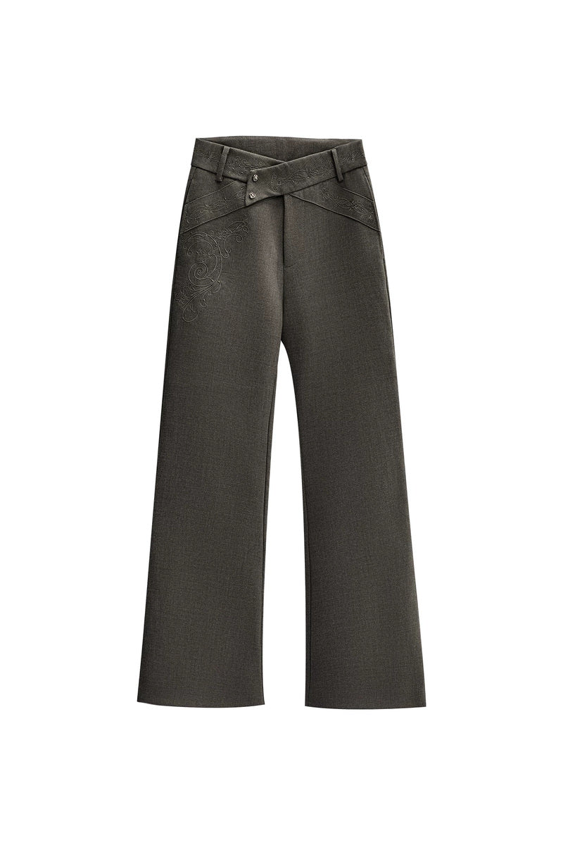 Embroidered Crossover Flared Trousers