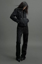 Whiskered Waxed Flared Jeans