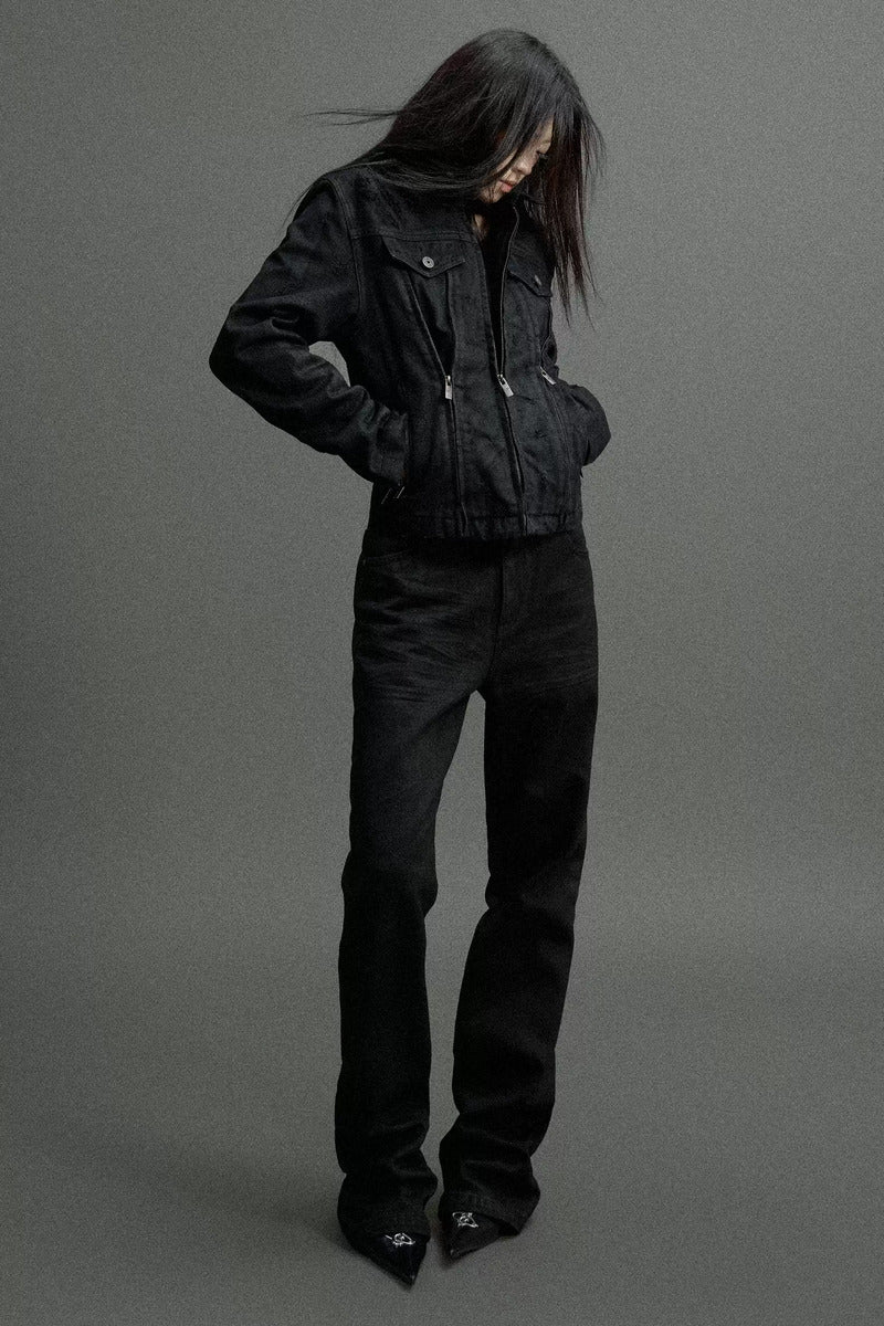Whiskered Waxed Flared Jeans