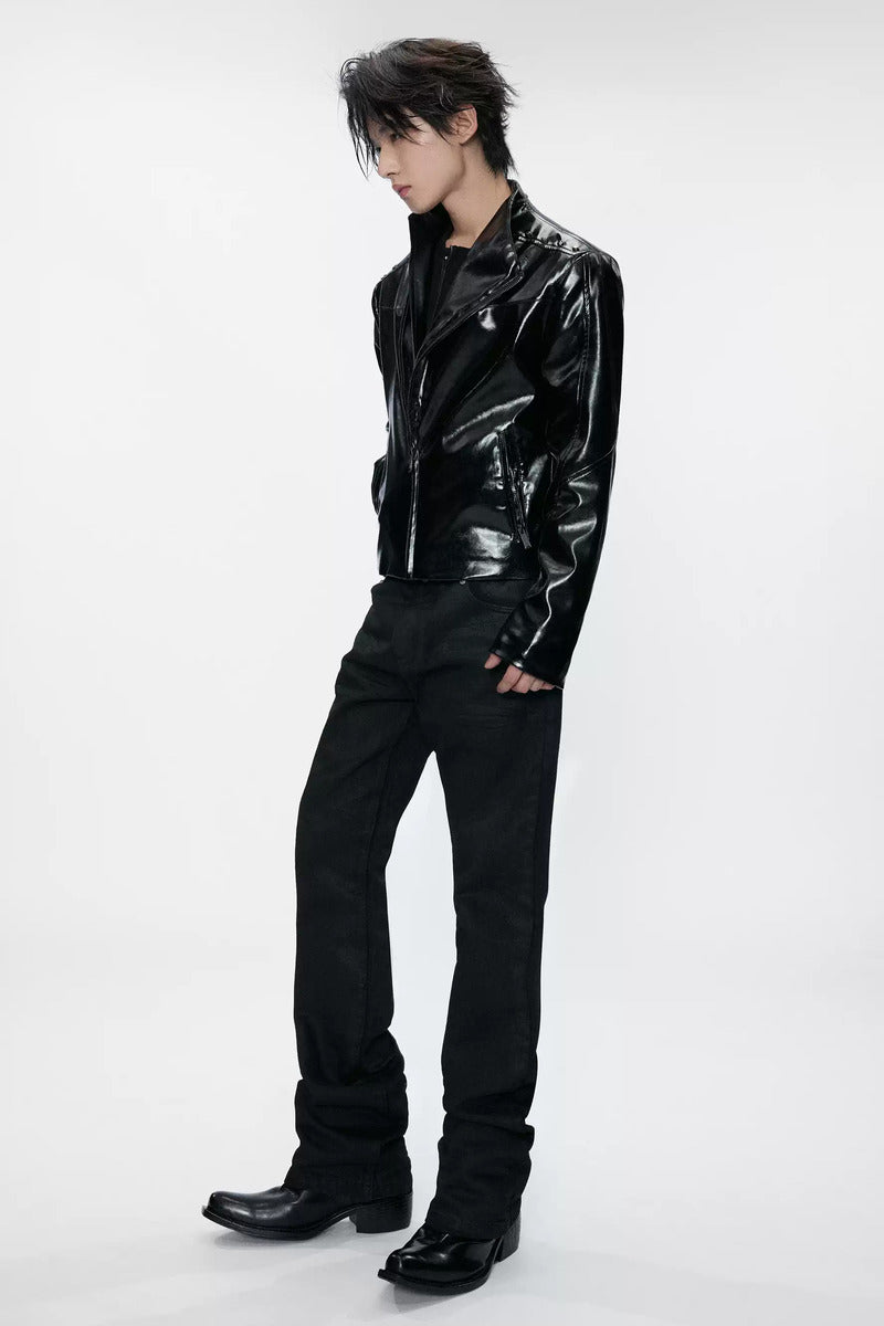 Whiskered Waxed Flared Jeans