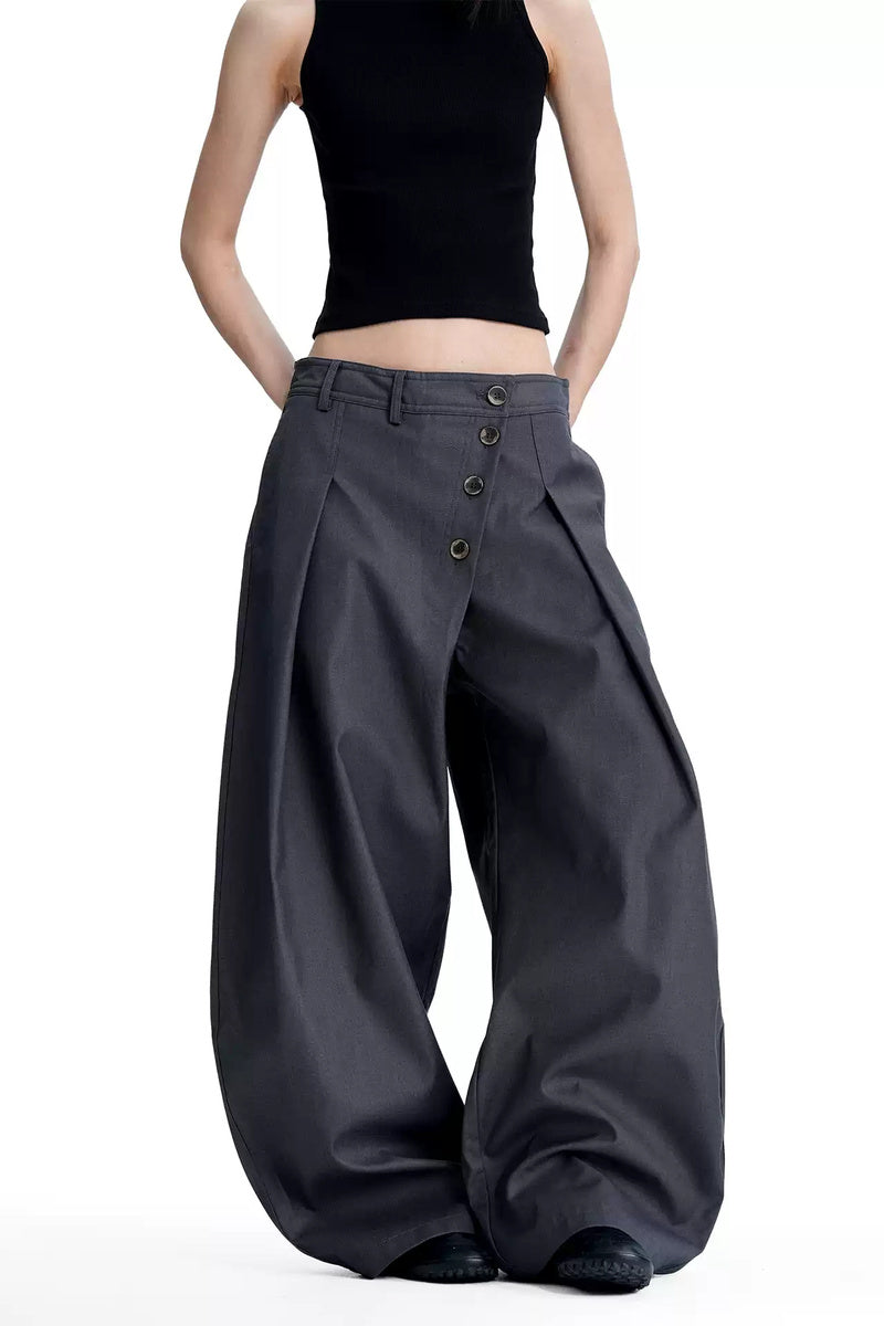 Asymmetric Button Curved Trousers - Gray