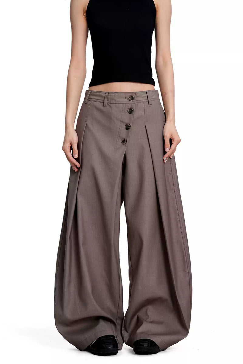 Asymmetric Button Curved Trousers - Khaki