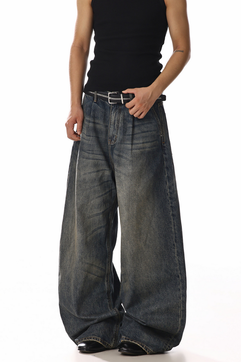 Distressed Whisker Wide Leg Jeans