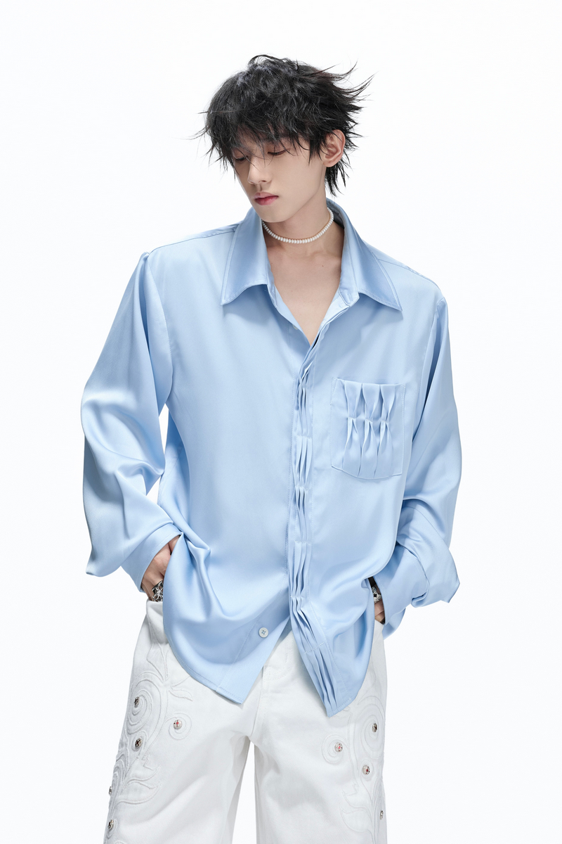 Pleated Satin Long Sleeve Shirt