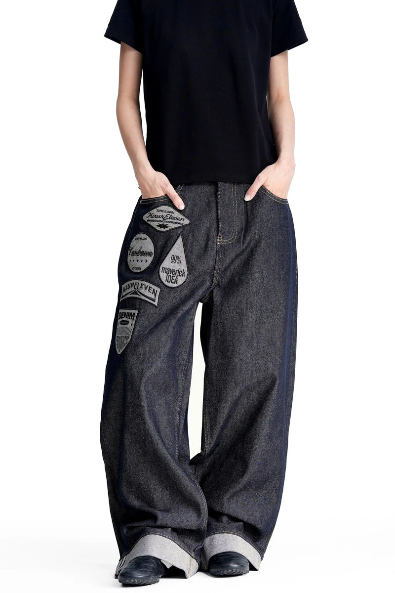 Badge Print Raw Denim Jeans - Raw Black