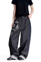 Badge Print Raw Denim Jeans