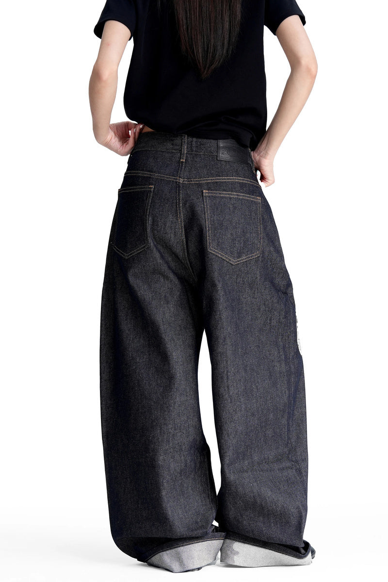 Badge Print Raw Denim Jeans