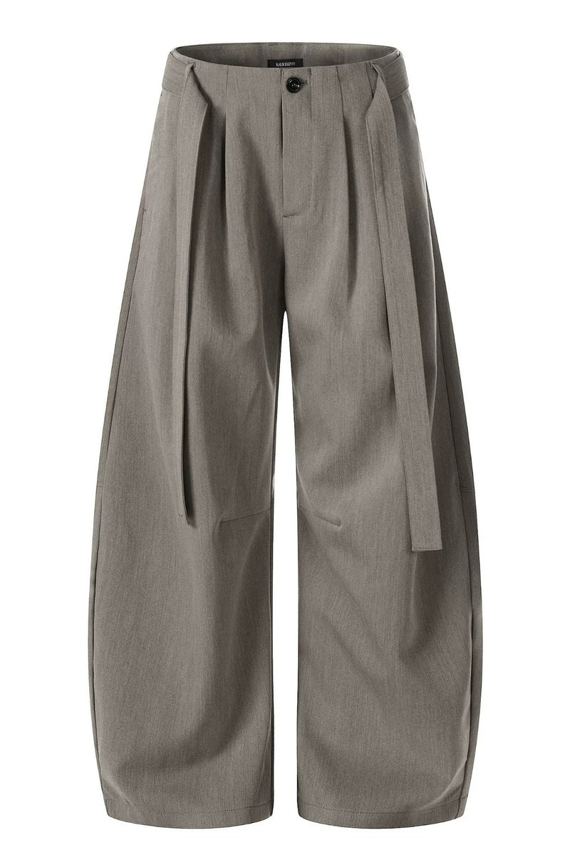 Belted Pleated Barrel Trousers – Gray Khaki – front product view