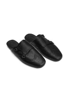 Brogue Buckle Leather Mules — three-quarter pair view — Black