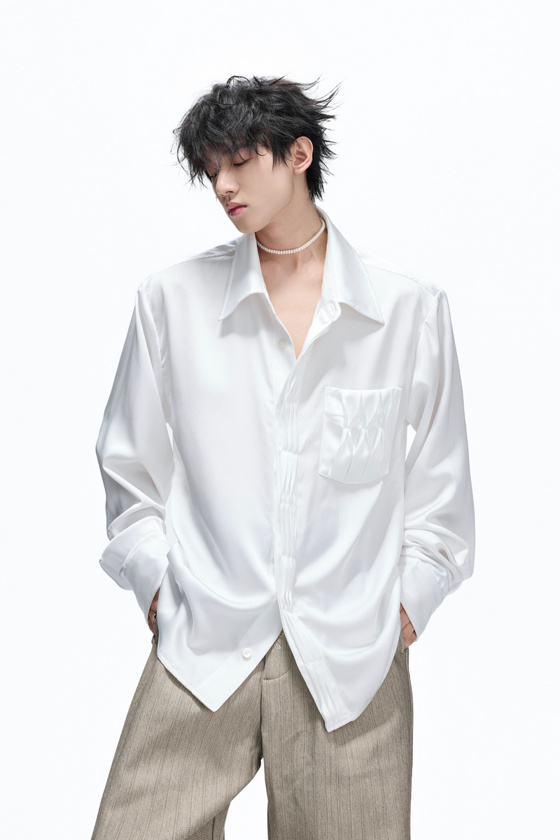Pleated Satin Long Sleeve Shirt